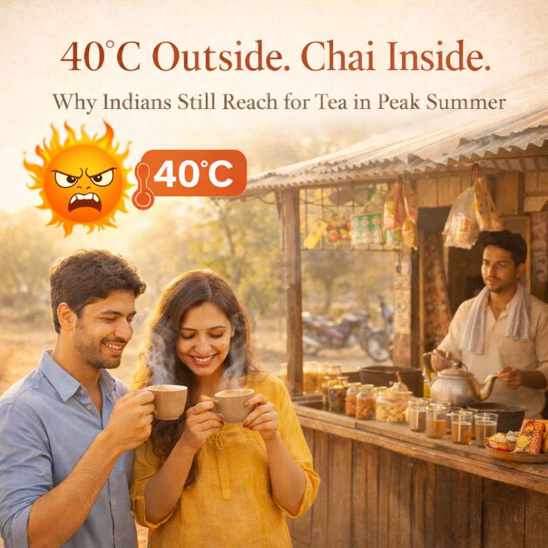People drinking hot chai at a roadside tea tapri during extreme 40 degree summer heat in India