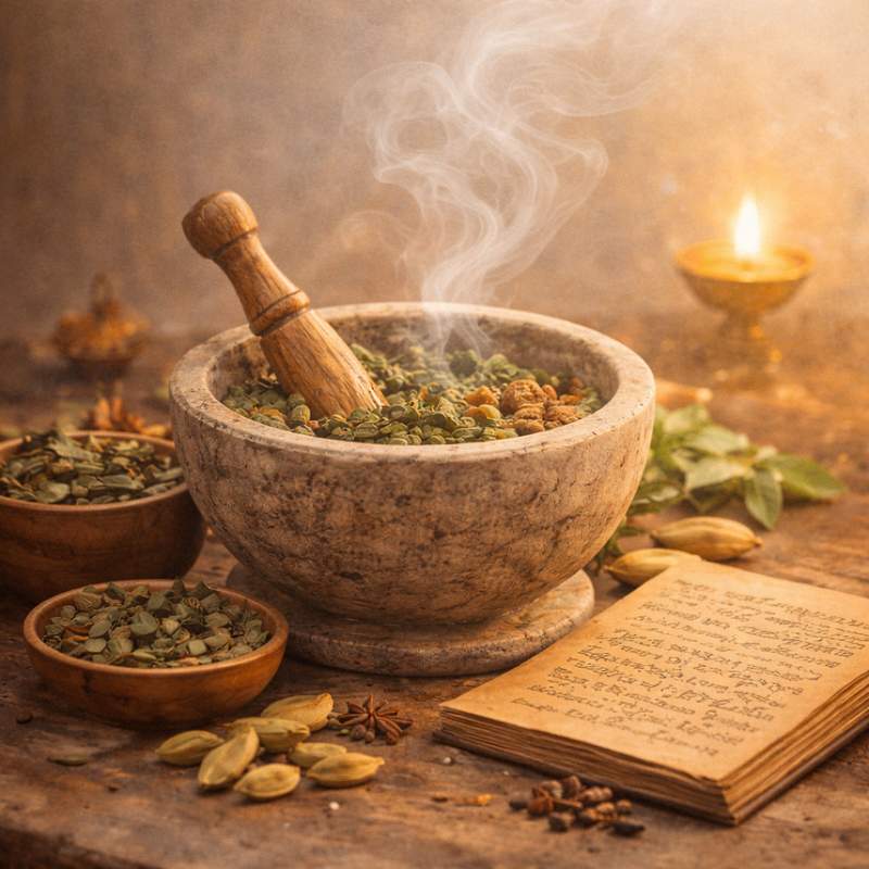 Ayurvedic herbs being ground in a stone mortar as part of traditional herbal preparation in India.