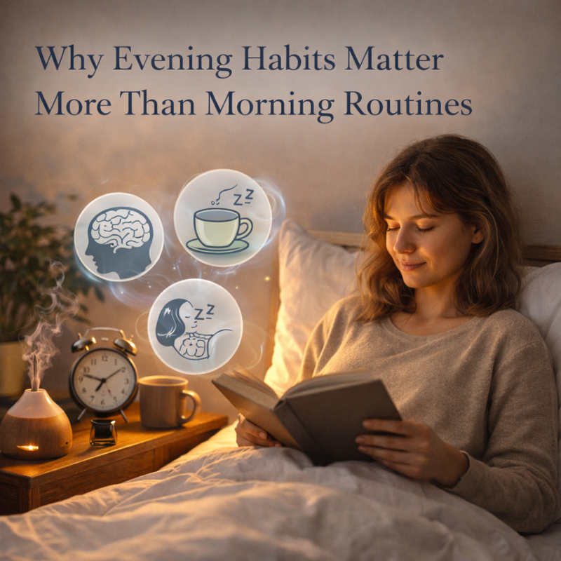Woman following a calming evening routine in bed to improve sleep quality and overall wellness.