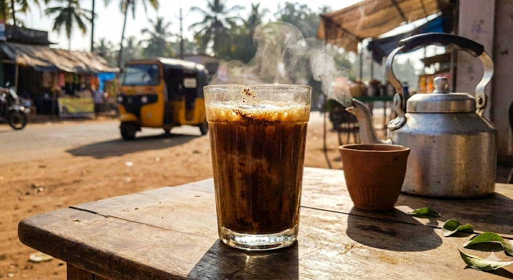 Steaming cutting chai on a roadside tea stall table in India during hot summer weather.