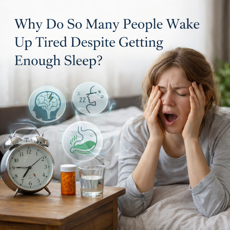 Person waking up tired in bed despite getting enough sleep, showing signs of poor sleep quality and morning fatigue.